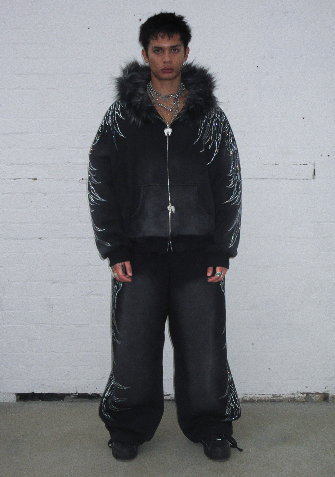 FALLEN FAUX FUR RHINESTONE ZIP HOODIE