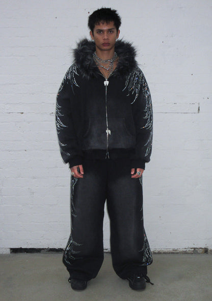 FALLEN FAUX FUR RHINESTONE ZIP HOODIE