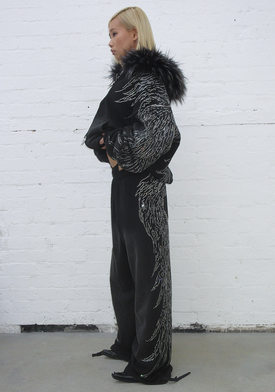 FALLEN FAUX FUR RHINESTONE ZIP HOODIE