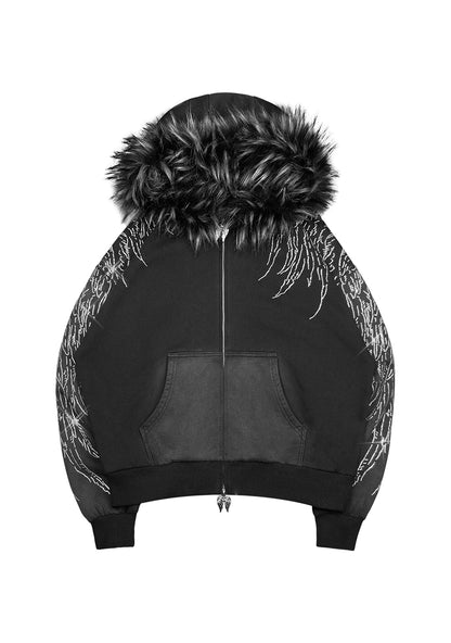 FALLEN FAUX FUR RHINESTONE ZIP HOODIE