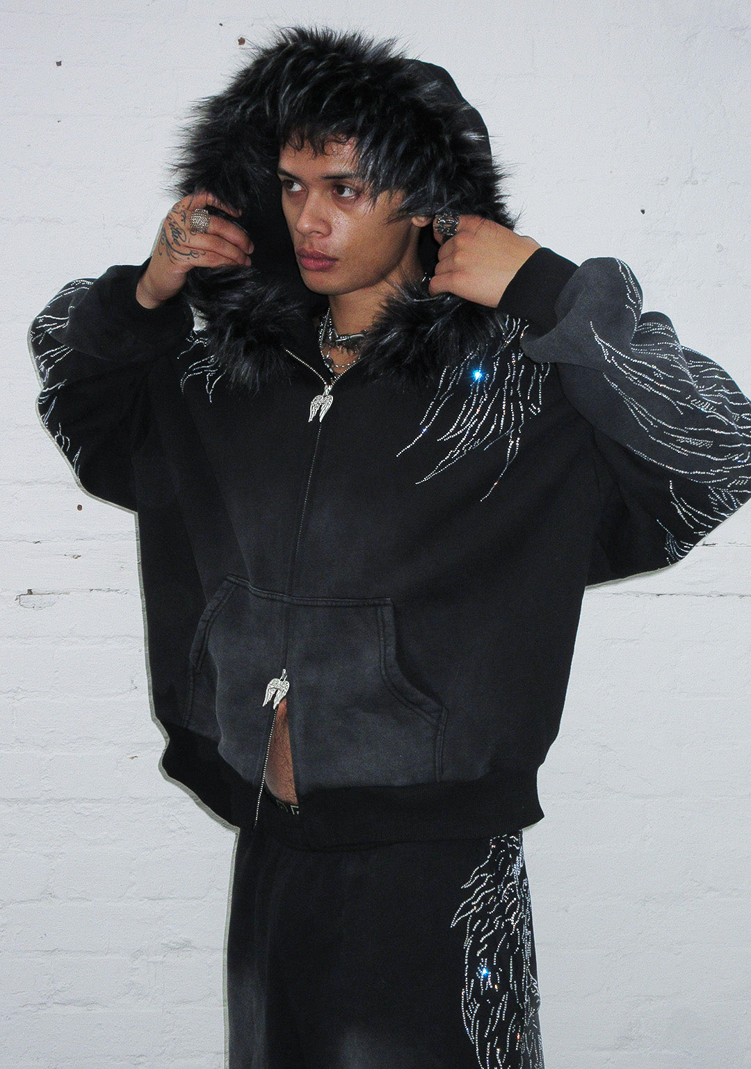 FALLEN FAUX FUR RHINESTONE ZIP HOODIE